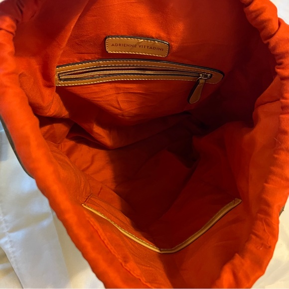 Adrienne Vittadini Brown and Tan Backpack with Orange‎ Trim Drawstring, Magnetic - Picture 11 of 13